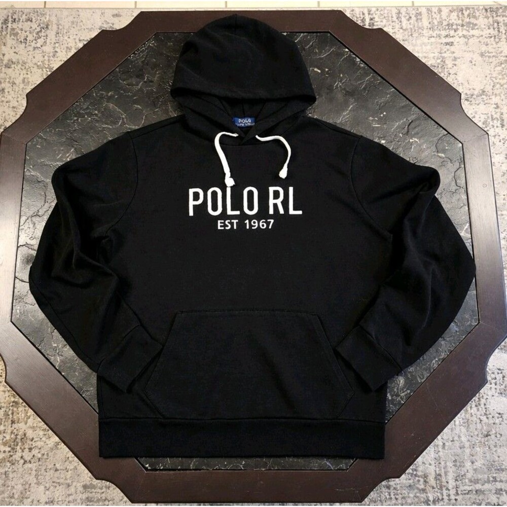 Polo Ralph Lauren Men's RL 67 Script Black Fleece Hoodie Spellout Logo Size L